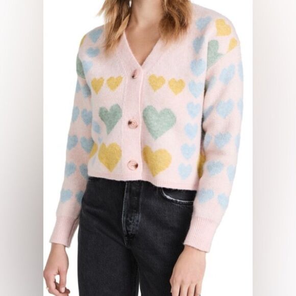 English Factory Pink Pastel Heart V-Neck Knit Button Front Cardigan. Small. - Picture 1 of 9